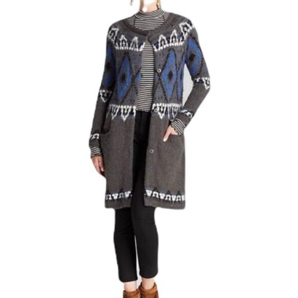 Free People Frosted Fair Isle Mohair Long Cardigan Shacket Sweater Size M - Picture 2 of 12